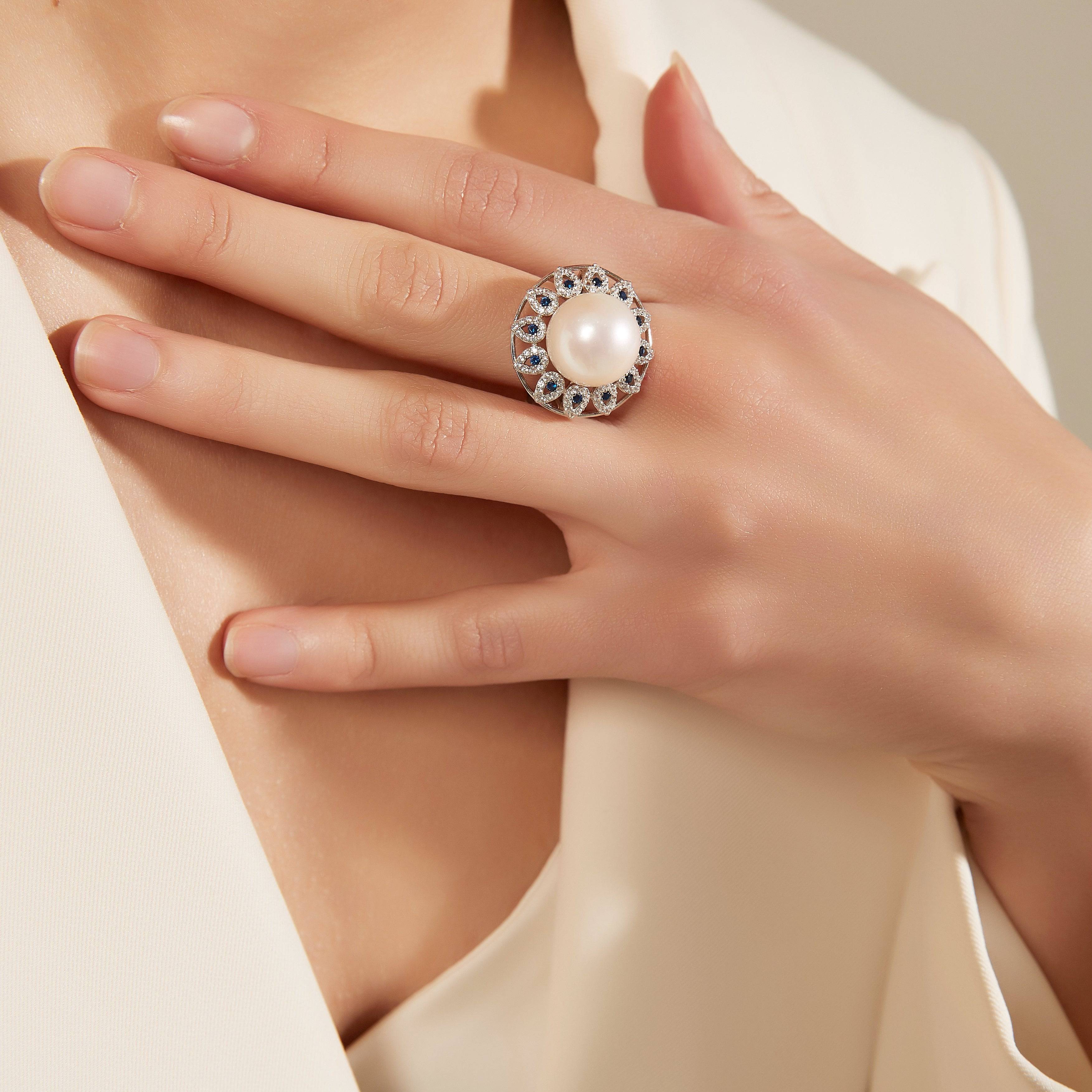13-14mm Freshwater Pearl & Blue Gem Luxury Ring