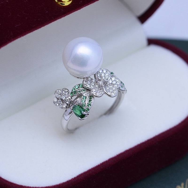 11-12mm Freshwater Pearl & Floral Green CZ Ring
