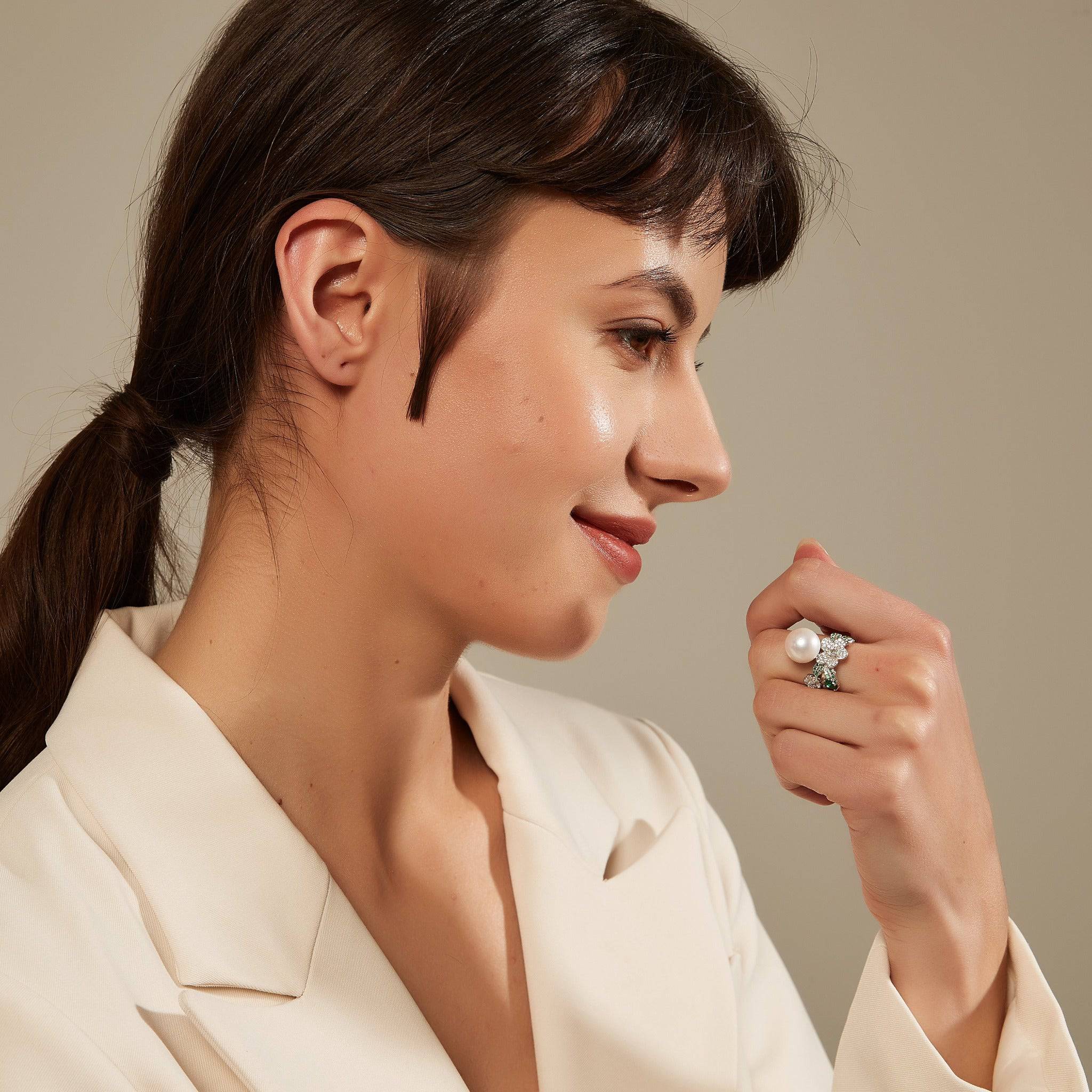 11-12mm Freshwater Pearl & Floral Green CZ Ring