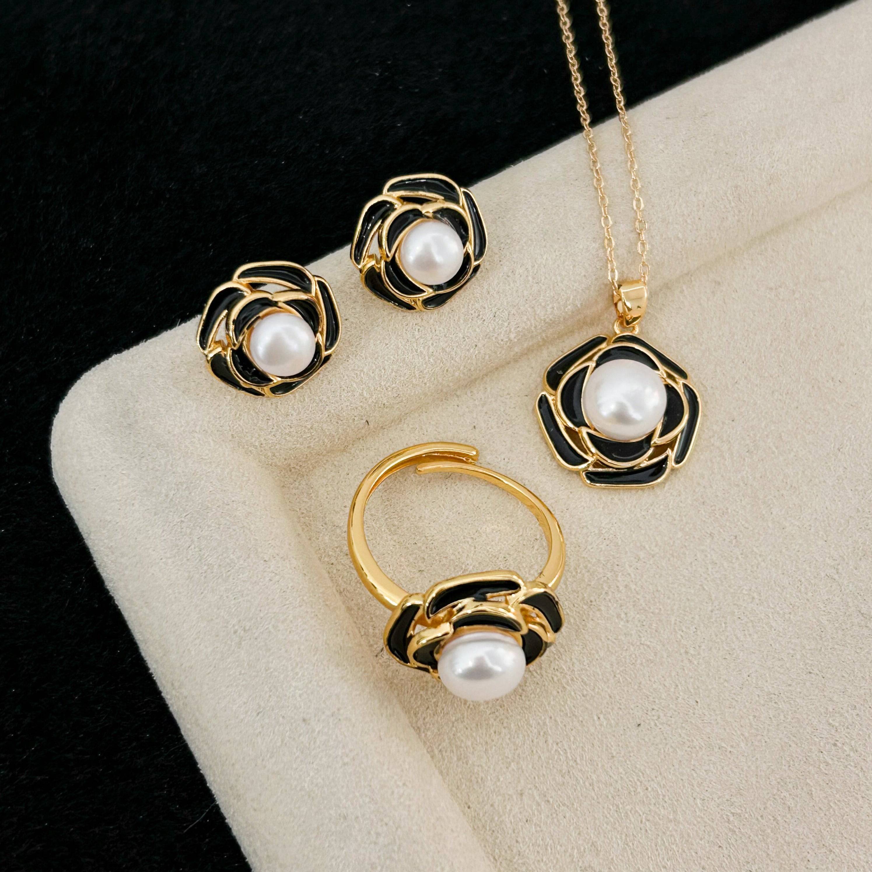 Black Camellia Pearl Jewelry Set