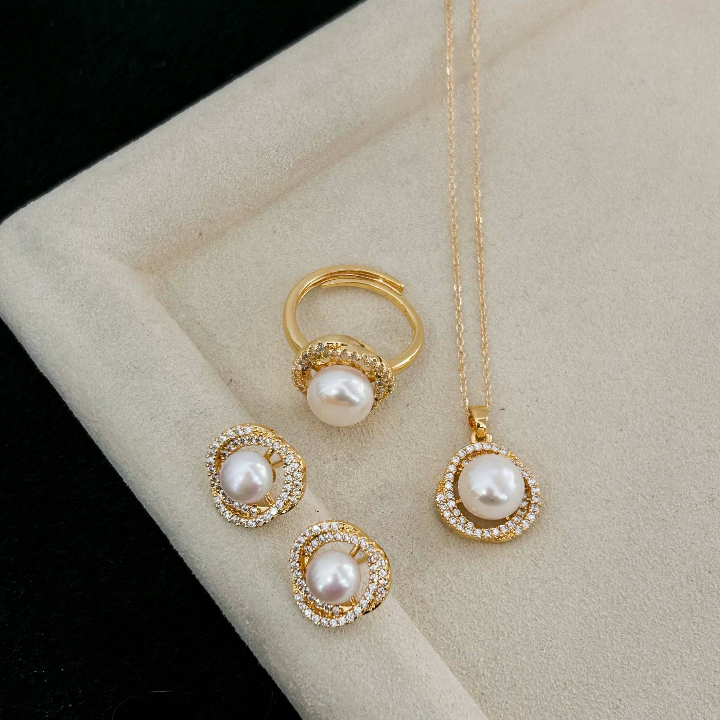 Floral CZ Button Pearl Jewelry Set
