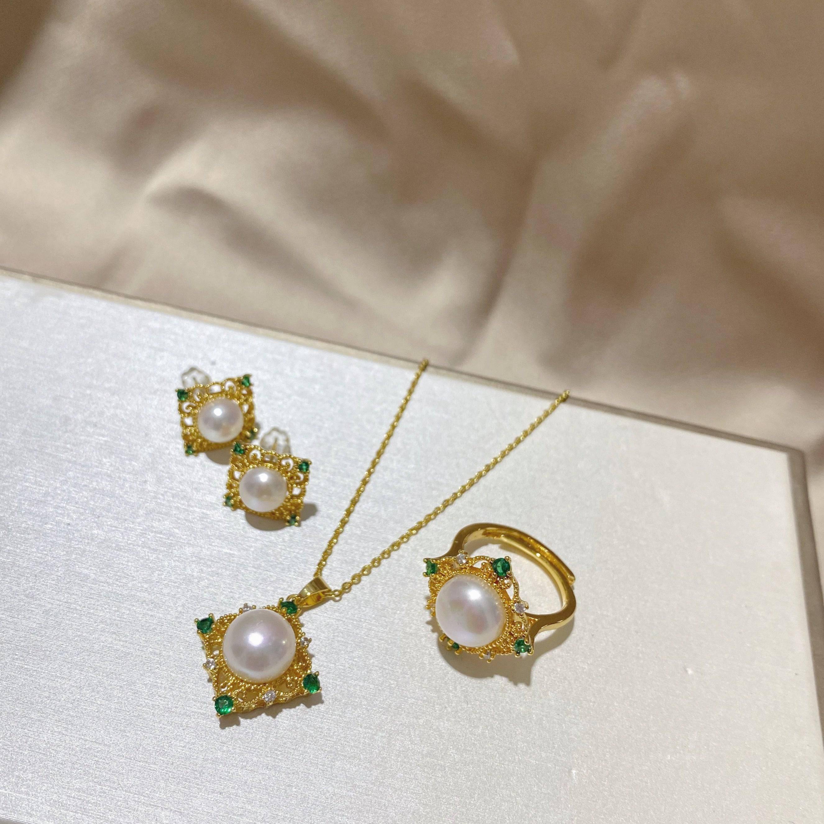 Green Square Pendant White Freshwater Pearl Jewelry Set