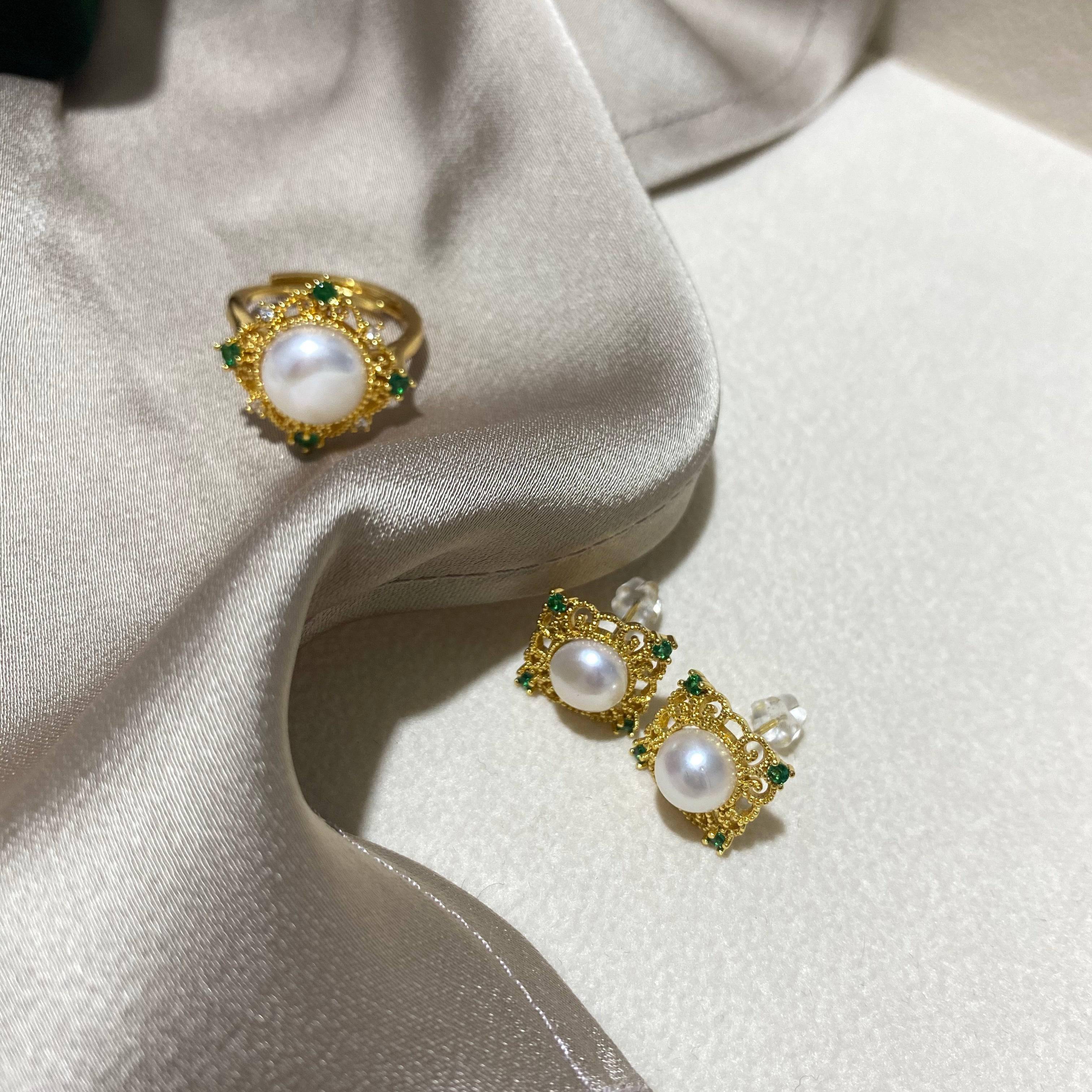 Green Square Pendant White Freshwater Pearl Jewelry Set