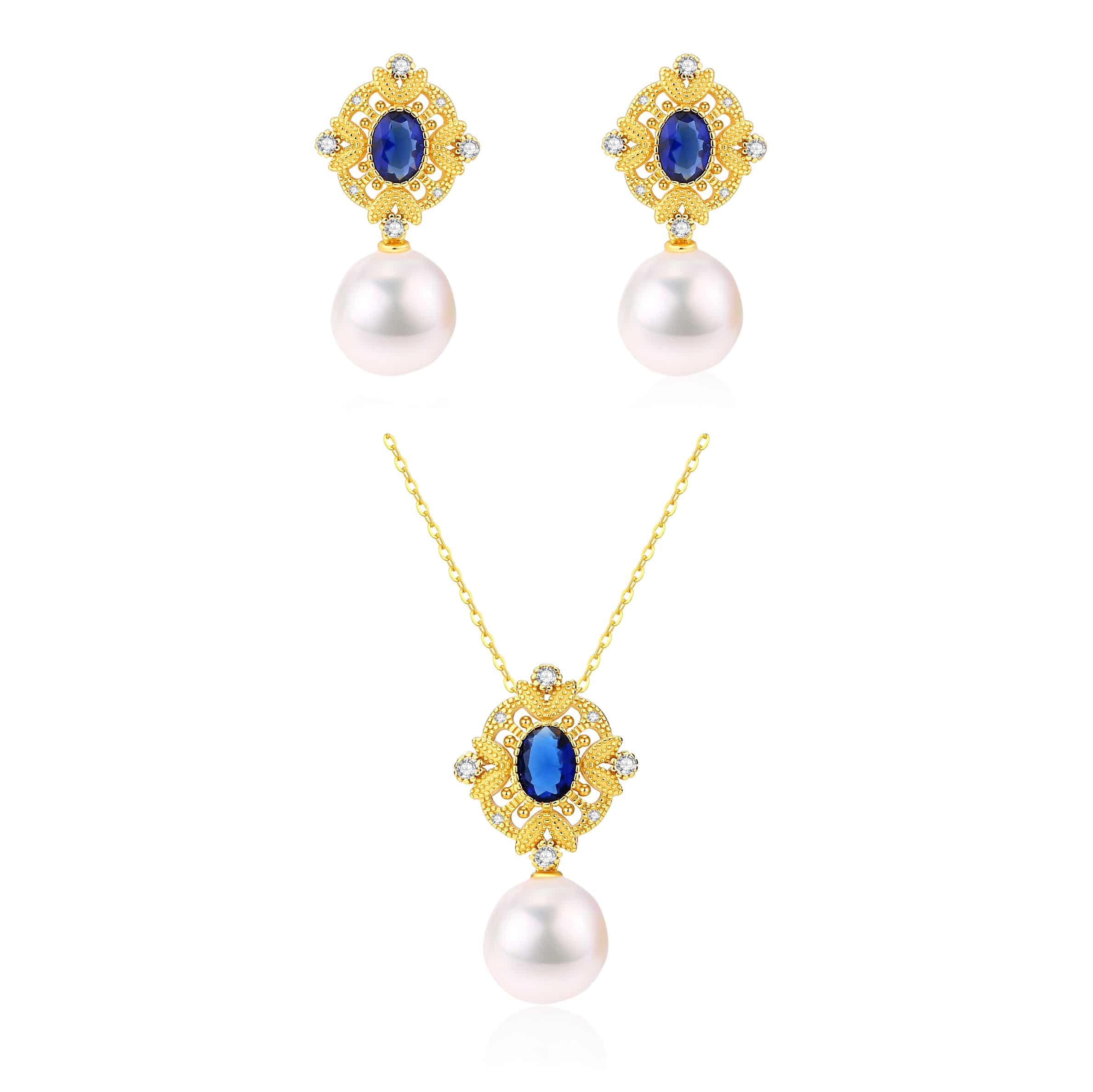 Sapphire Vintage Baroque Pearls Earrings Pendant Necklace (Purchase Individually)